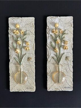 Vintage Cheri Blum Flowers In Vase 3D Wall Art Plaques Set Of 2 Resin Floral